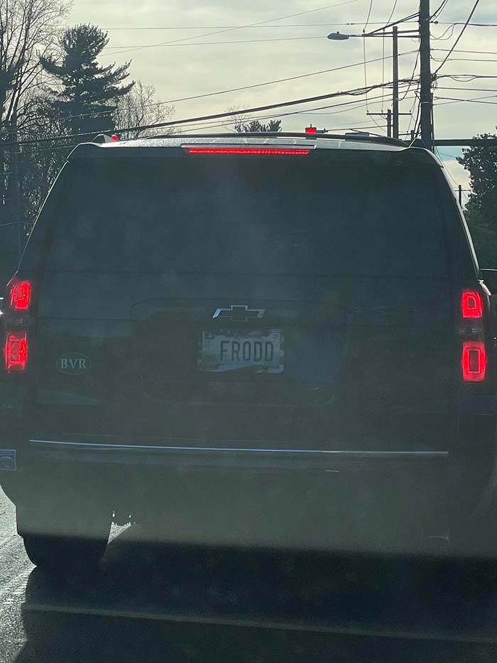 FRODD vanity license plate meaning Frauds