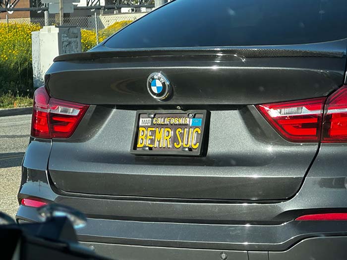 BEMRSUC vanity license plate meaning Bimmers Suck